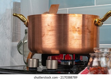 Metal Pot On A Gas Stove Burner Close Up