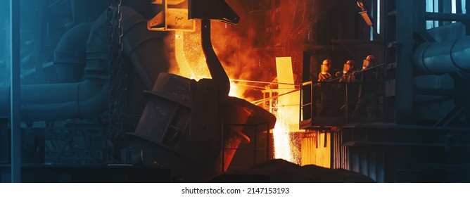 Metal pouring with sparks. Smelting of cast iron parts in foundry. Metallurgical plant or Steel Mill