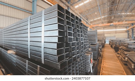 Metal profile pipe of rectangular cross section in packs at the warehouse of metal products,Steel