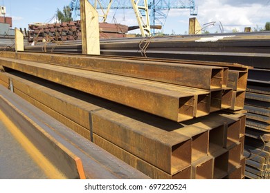 Metal profile pipe of rectangular cross section in packs at the warehouse of metal products, Russia