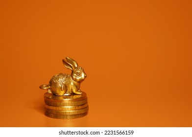 A metal rabbit figurine with coins on a bright background. Financial symbol. The year of the rabbit. - Shutterstock ID 2231566159
