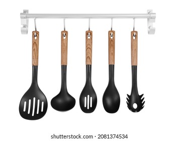 Metal rack with set of kitchen utensils on white background - Shutterstock ID 2081374534