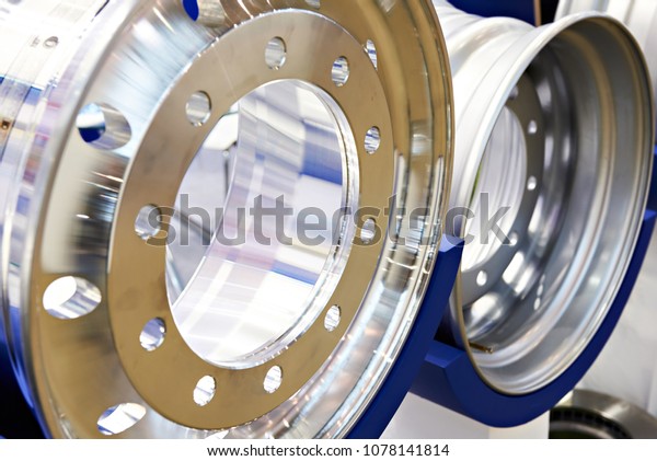 Metal rim of wheels for\
trucks in store