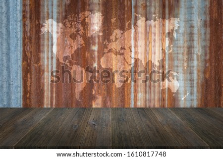 Metal rust or steel zinc wall texture abstract texture surface background use for background with wood table or terrace and world map