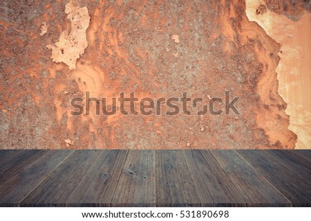 Metal rust wall texture background surface natural color , process in vintage style with wood terrace