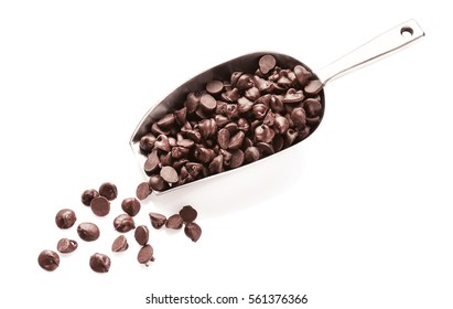 Metal Scoop With Tasty Chocolate Chips On White Background