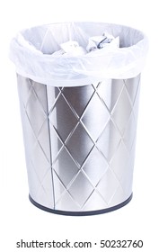 Metal Shiny Steel Trash Bin With Plastic Bag Isolated On White.