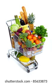 Metal Shopping Cart With Grocery Items. Isolated Over White Background.