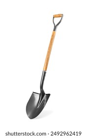 Metal shovel with wooden handle isolated on white