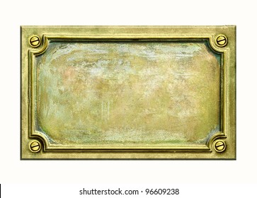 Metal sign plate with frame and grunge texture for your text. Brass antique plaque with cracks and scratches on golden surface.