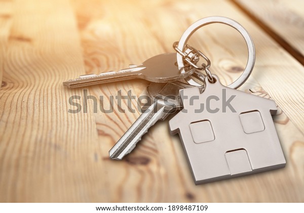 Metal silver\
house keys with house figure on\
desk