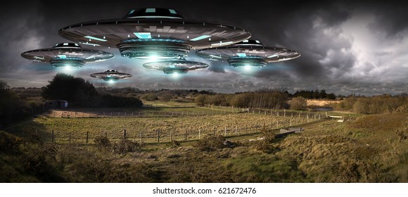 Metal and silver UFO invasion on planet earth landascape 3D rendering