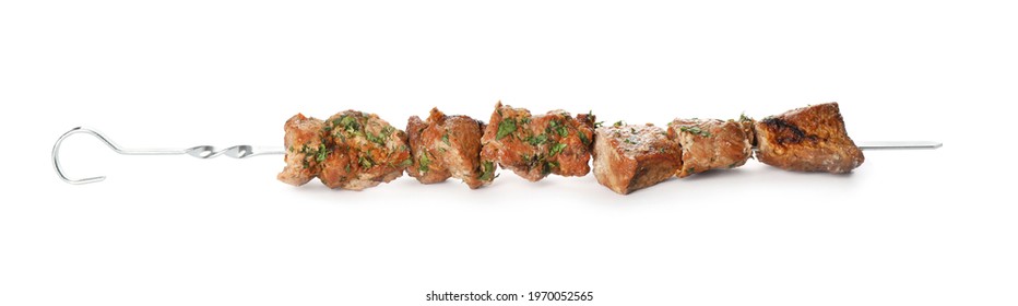 Metal skewer with delicious meat on white background