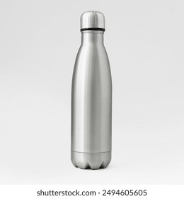 Metal Sports Bottle with Vacuum Insulation for Hiking or Cycling. 3D Render Isolated on White Background. Metal flask, water bottle for the preservation of a hot or cold liquid Isolated.