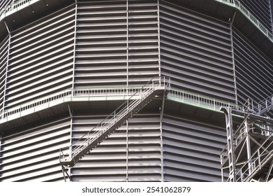 Metal staircase providing access to a platform on the side of a large industrial building - Powered by Shutterstock