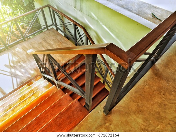 Metal Staircase Railing Wooden Stair Interior Stock Photo