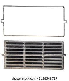Metal stormwater grate and matching rectangular frame are isolated.