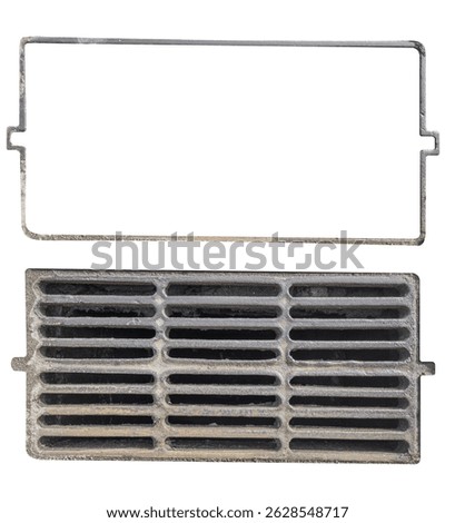 Metal stormwater grate and matching rectangular frame are isolated.