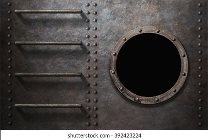 metal submarine or ship side with stairs and porthole