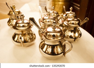 Metal Sugar Containers In Traditional Viennese Coffee House, Vienna, Austria