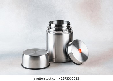 Metal thermos for food. Food thermos. Container for food. Food packaging. Camping device. Tourist lunchbox.