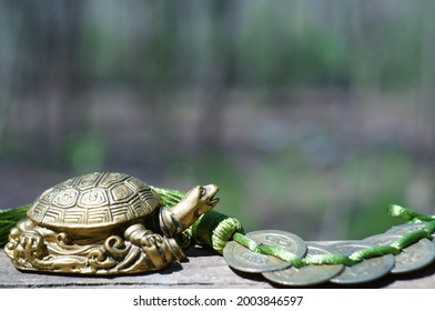 A Metal Turtle Figurine And A Bunch Of Chinese Feng Shui Coins.