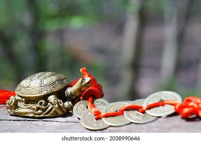 A Metal Turtle Figurine And A Bunch Of Chinese Feng Shui Coins.