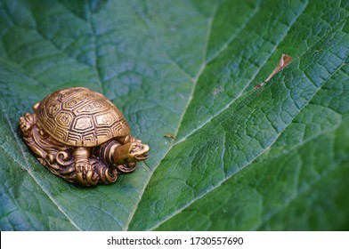 Metal Turtle On A Green Leaf. Symbol Of Feng Shui.