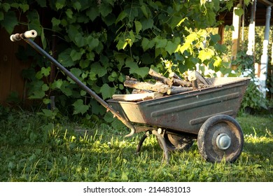 Metal Utility Cart With Firewood On Green Grass.