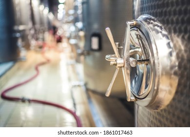 Metal Vats For Fermentation. Wine Factory. Steel Barrels In Winery.