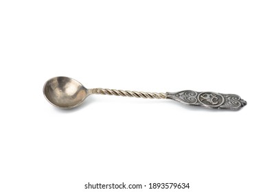 Metal Vintage Small Coffee Spoon For Pouring Sugar Isolated On A White Background, Close Up