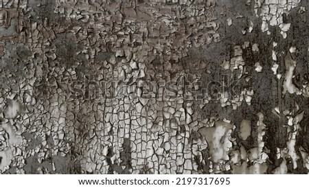 Metal wall texture with peeling paint and scratches, close-up grunge dirty background