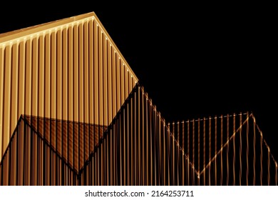 Metal walls of industrial building. Pitched roof. Abstract modern architecture of warehouse in minimal style. Material geometric pattern with triangles, polygons, angular structure and parallel lines.