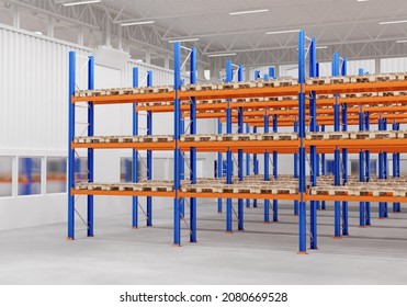Metal warehouse shelves. Modern logistics warehouse. Shelves for storing goods and goods. Empty shelves with wooden pallets. Cargo storage