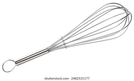 Metal whisk. Kitchen tool for mixing. Restaurant silver steel utensil for stirring. Culinary equipment from stainless steel. Whipping tool for egg. Good for recipe cooking and preparation. Isolated. - Powered by Shutterstock