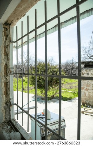 Metal window security grill with a bars.