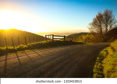 Metalled rural road with baton and wire fence, Mahia Peninsula, North Island, New Zealand 