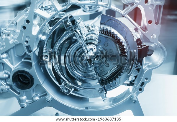 Metallic background of car automotive\
transmission gearbox
