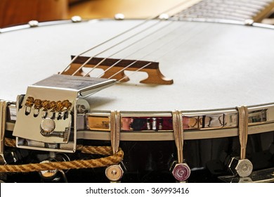 metallic banjo with 6 strings, music instrument, detail with selected focus and narrow depth of field, copy space