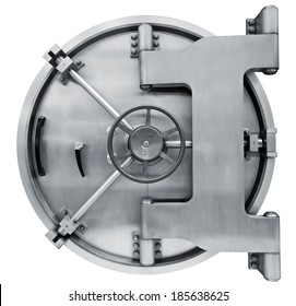 The metallic  bank vault door on a white background isolated on white with clipping path - Shutterstock ID 185638625
