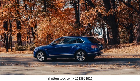 Metallic Blue Bentley Bentayga, Five-door Luxury Crossover SUV. Riga, Latvia, 10.14.2022