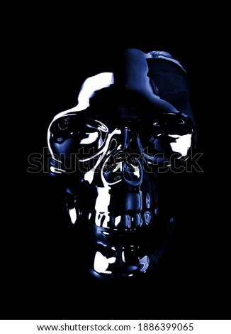 A metallic chrome skull on a black background.