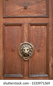 Metallic face of a lion on wooden doors. In the last century, they knocked on a door with a metal ring so that the owners opened the door.The lion is a symbol of the city of Lviv, where the picture 