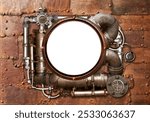 Metallic frame with vintage metal details, pipelines, gear, retro rivets. Isolated on white background. Mock up template. Copy space for text. Can be used for steampunk, industrial, mechanical design
