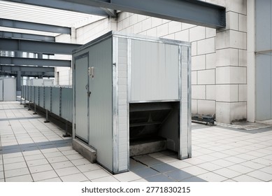 Metallic garbage compactor units lined up outside an industrial factory building