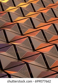 metallic geometric cladding or panels in copper and gold colors with repeating angular pattern 