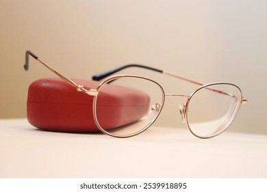 Metallic glasses with a black frame are leaning against a red elegant eyeglass case.