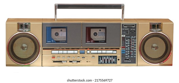 A Metallic Gold Retro Boombox With Double Tape Deck, Radio And Speakers