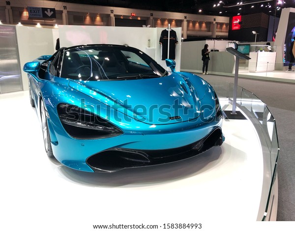 Metallic gray\
Mclaren car in Motor Expo at Impact Arena, Pakkred, Nonthaburi,\
Thailand; 09 December\
2019