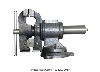 Metallic Grey Cast Iron Bench Vise Isolated 
